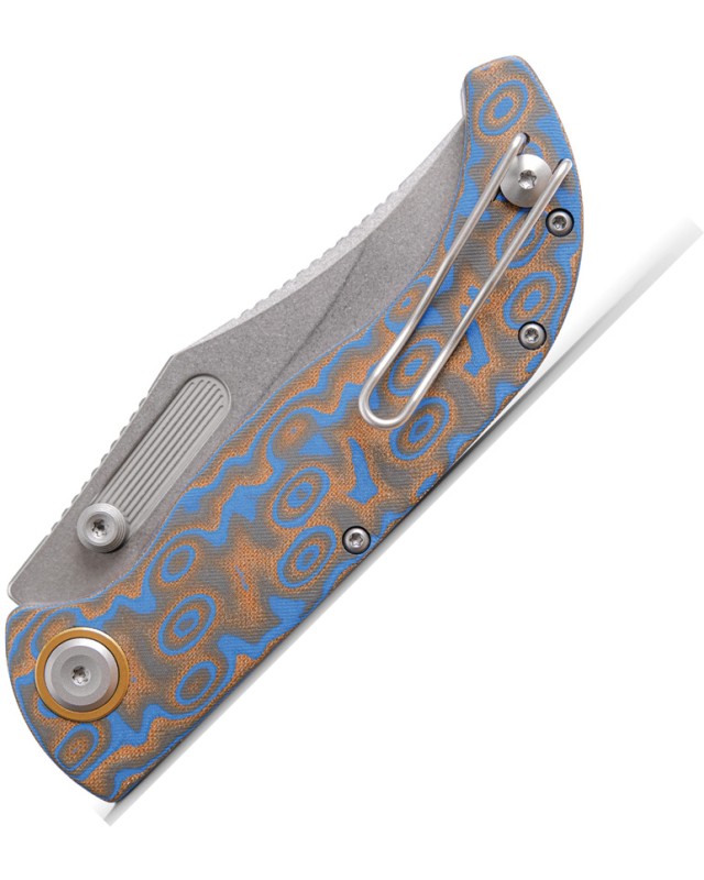 Vosteed Naga S35VN steel stonewash finish button lock Ocean micarta handle bowie blade
