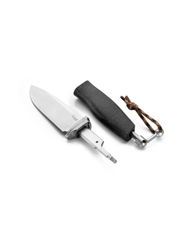 LionSteel ACHA fixed blade M390 premium steel satin finish blade Black Micarta handle brown leather sheath