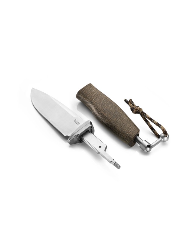 LionSteel ACHA fixed blade M390 premium steel satin finish blade green Micarta handle brown leather sheath