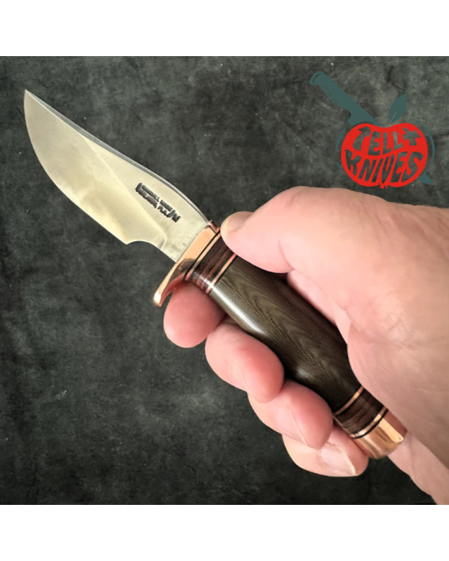 Randall Made Knives Model 27 Mini Copper forged stainless steel green micarta handle brass guard and pommel