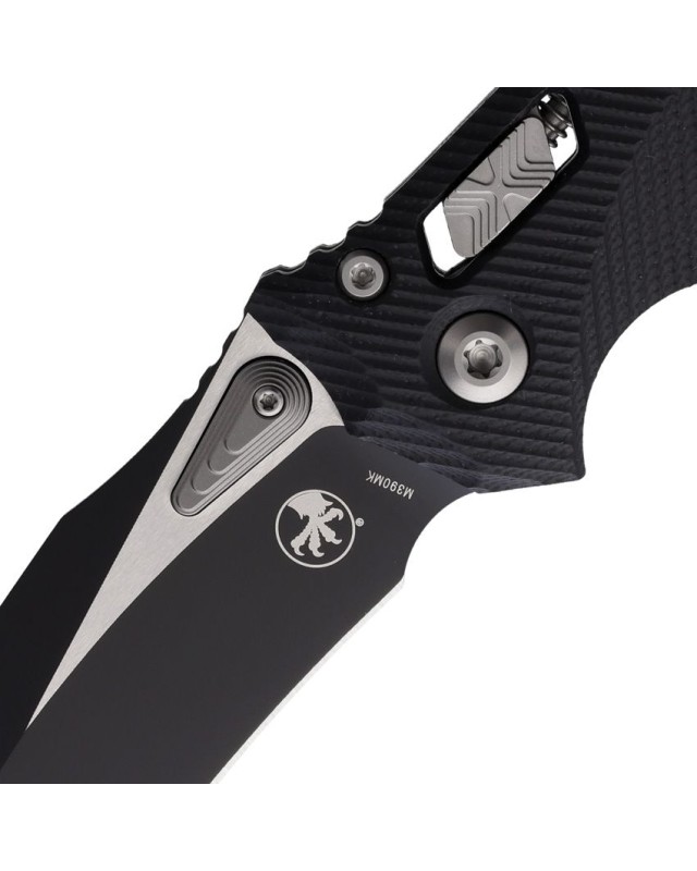 Microtech Amphibian Ram-Lok M390MK steel two-tone finish fluted black G10 handle