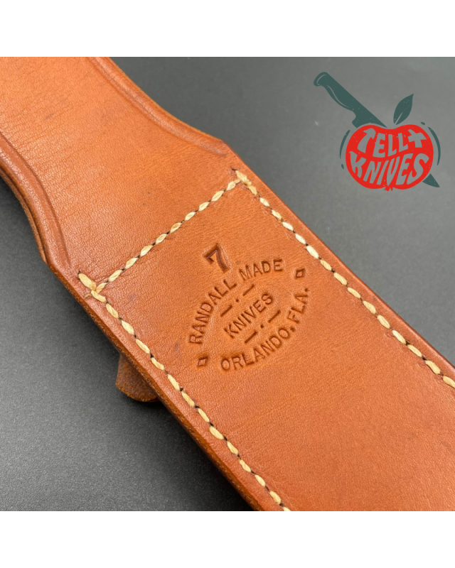 Randall Made Knives Vintage 90ies Model 1-7 forged carbon steel black micarta handle brass guard brown leather sheath