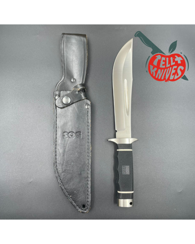 SOG Creed USMC FORCE RECON AUS8 steel satin finish Kraton handle black leather sheath