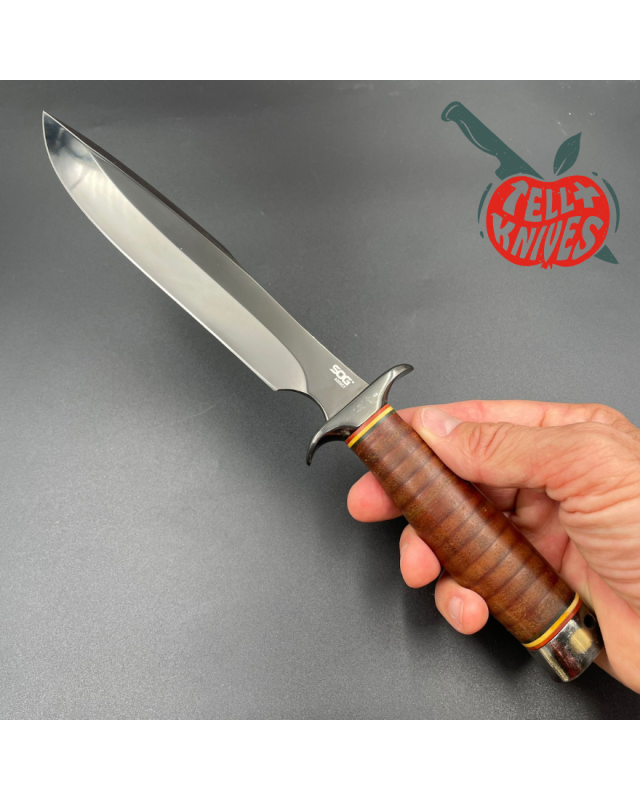 SOG Agency AUS-8 steel TiNi finish blade stacked leather handle black leather sheath