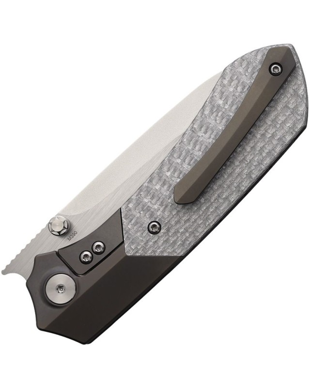 Remette RTPT M390 premium steel Stonewash finish Black Titanium bolsters and silver Carbon Fiber Handle Button Lock