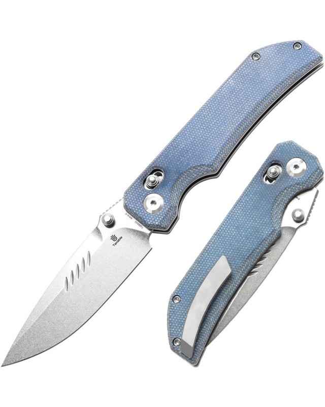 Tenable Eaglestrike Folding Knife Blue Micarta Handle Stonewashed Nitro-V  steel Blade crossbar lock