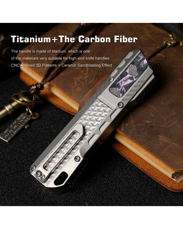 Remette Leopard Knife M390 premium steel light gray titanium handle Purple Carbon Fiber inlay gravity knife (OTF Manual 