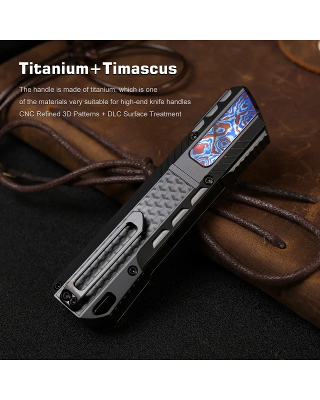 Remette Leopard Knife M390 premium steel black DLC finish blade black titanium handle Timascus inlay gravity knife (OTF 