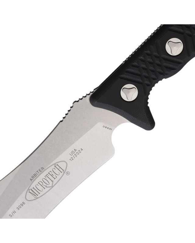 Microtech Arbiter Fixed Blade Stonewash finish M390 premium steel blade full tang Black G10 handle black kydex sheath