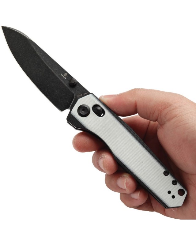 Tenable Beaver Folding Knife Black and White G10 Handle blackwashed Nitro-V steel Blade crossbar lock