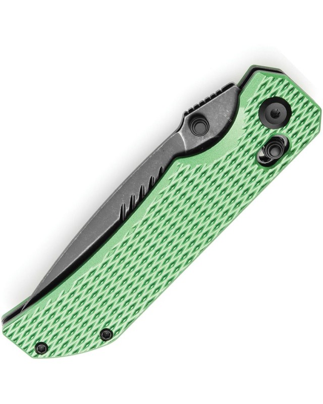 Tenable Eaglestrike Folding Knife Green Aluminium Handle Blackwashed Nitro-V  steel Blade crossbar lock