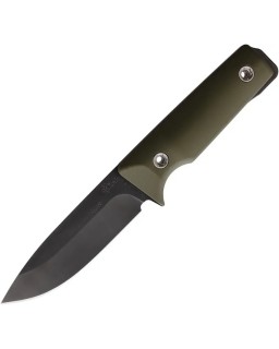1881 Knife Works The SAN Fixed Blade Full Tang black coated 1095HC carbon steel OD Green G10 handle Brown leather sheath