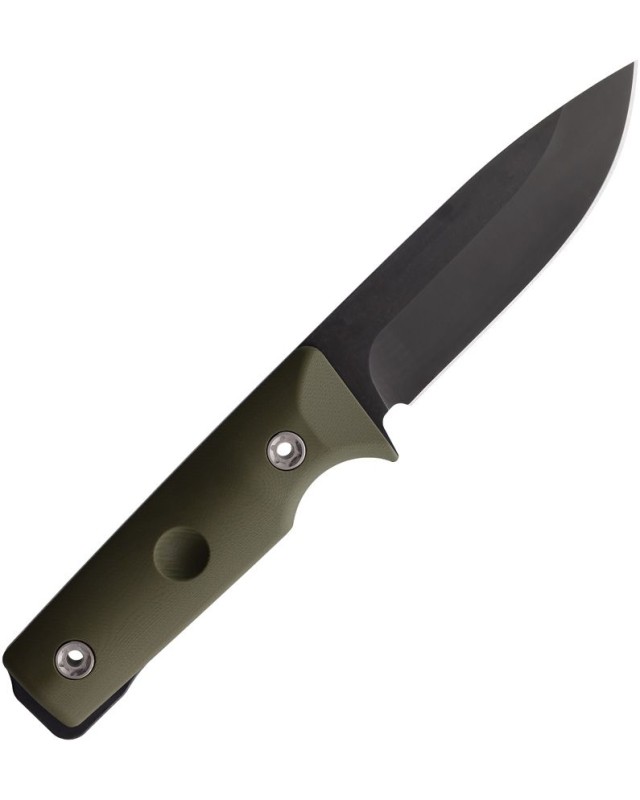1881 Knife Works The SAN Fixed Blade Full Tang black coated 1095HC carbon steel OD Green G10 handle Brown leather sheath