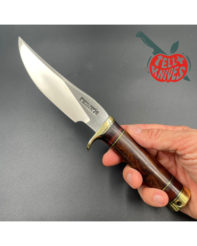 Randall Made Knives Model 27 Trailblazer forged stainless steel stacked leather and ironwood handle brass guard and pomm