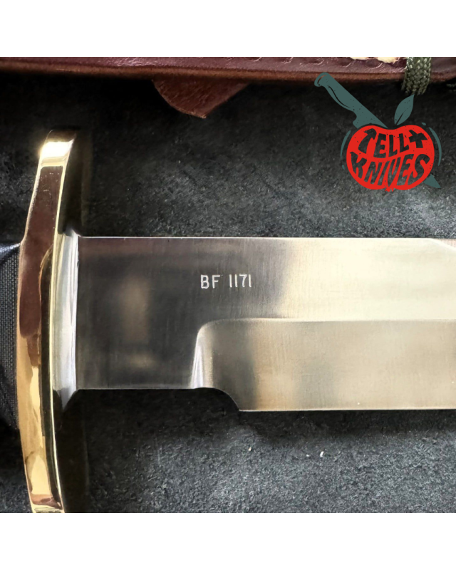 Randall Buxton Fighter Full Tang Stainless steel brass forward curved hilt black micarta handle brown leather sheath