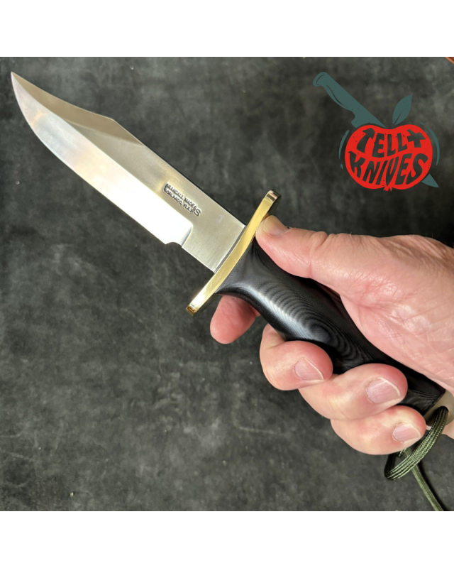 Randall Buxton Fighter Full Tang Stainless steel brass forward curved hilt black micarta handle brown leather sheath