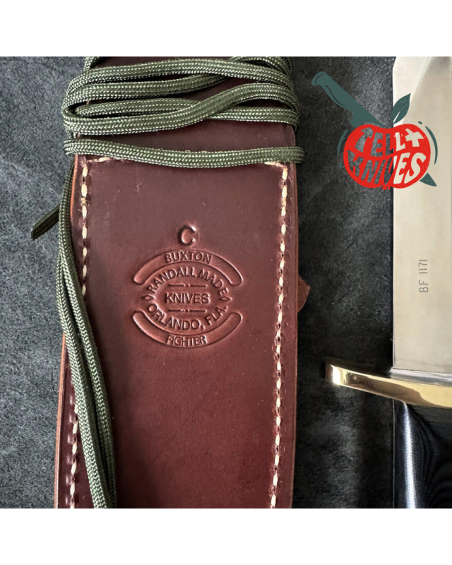 Randall Buxton Fighter Full Tang Stainless steel brass forward curved hilt black micarta handle brown leather sheath