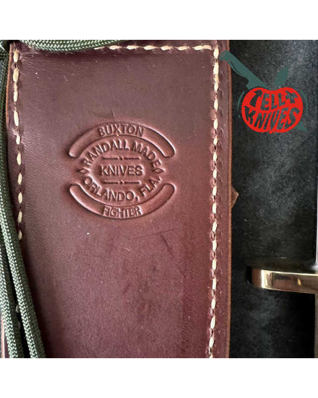 Randall Buxton Fighter Full Tang Stainless steel 14 brass hilt green micarta handle brown leather sheath