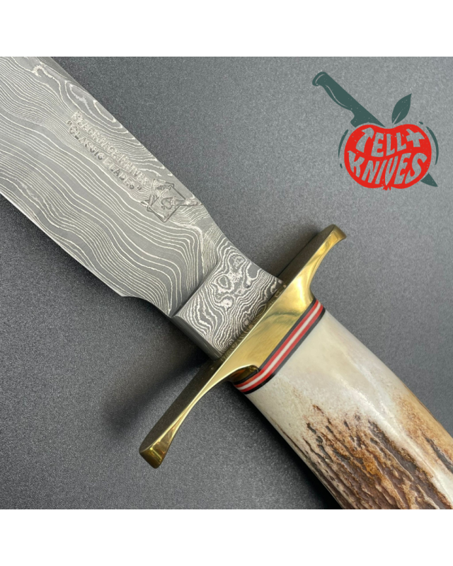 Blackjack Knives Model 1-7 fixed blade knife Damascus blade brass guard crown stag handle brown leather sheath