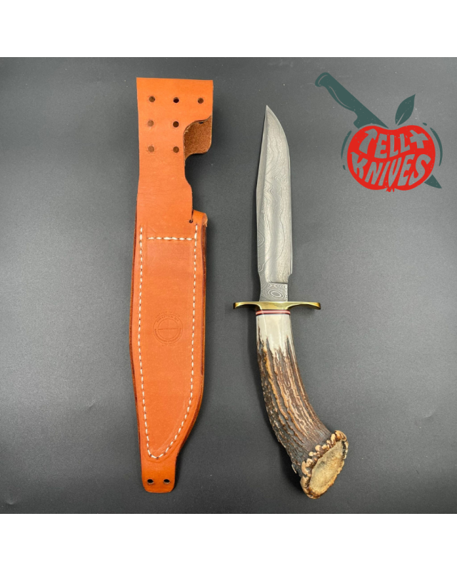 Blackjack Knives Model 1-7 fixed blade knife Damascus blade brass guard crown stag handle brown leather sheath