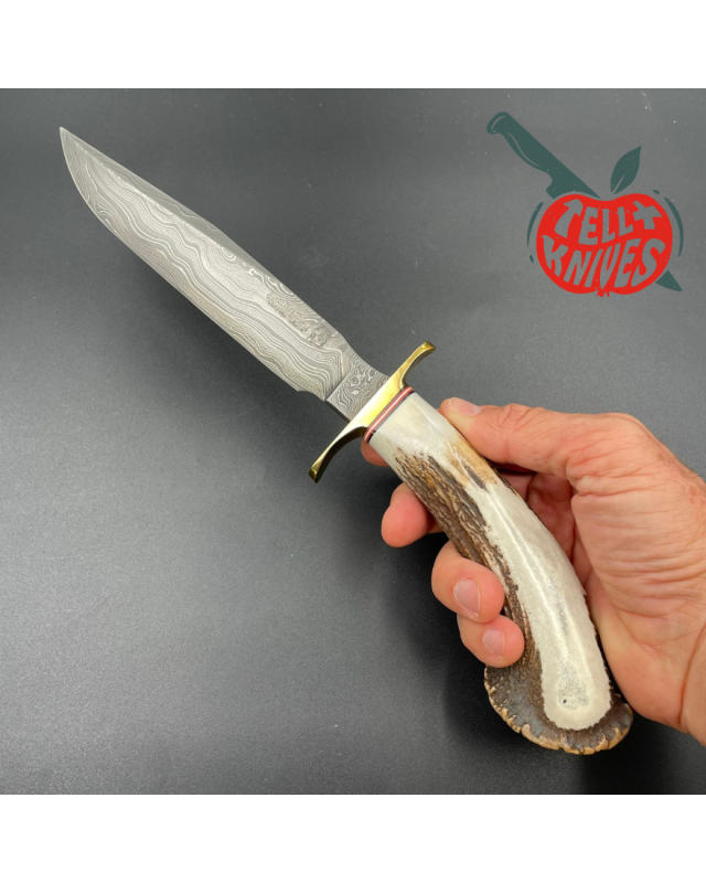 Blackjack Knives Model 1-7 fixed blade knife Damascus blade brass guard crown stag handle brown leather sheath