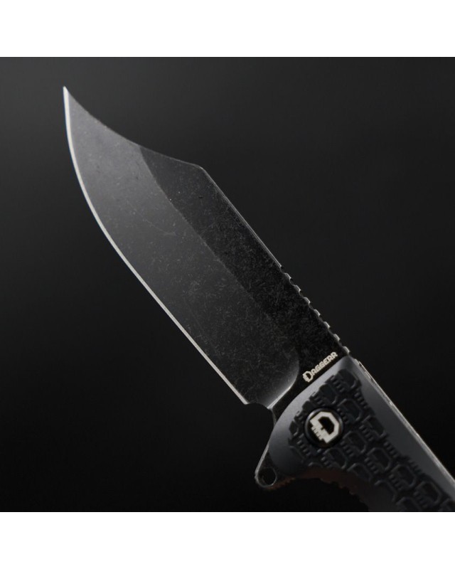 Daggerr Knives Powie Linerlock 8Cr14MoV stainless steel clip point blade blackwash finish Black FRN handle