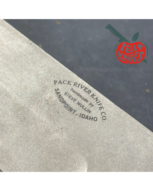 Steve Mullin Pack River Knife Co. Fighter Knife sandblasted finish blade black micarta handle brown leather sheath