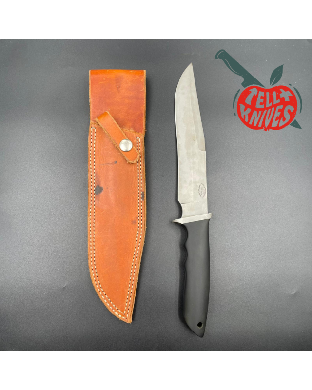 Steve Mullin Pack River Knife Co. Fighter Knife sandblasted finish blade black micarta handle brown leather sheath