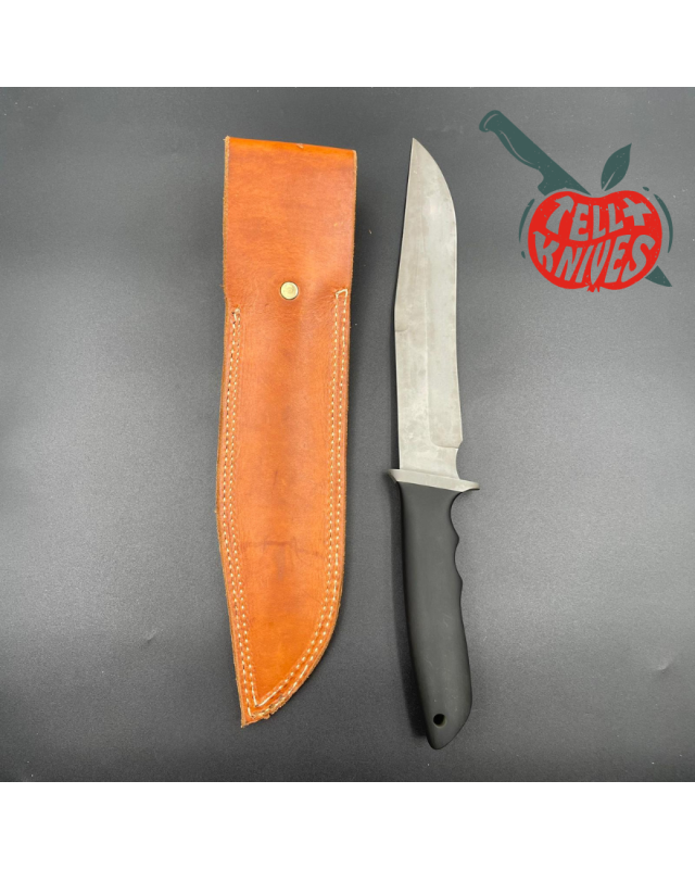 Steve Mullin Pack River Knife Co. Fighter Knife sandblasted finish blade black micarta handle brown leather sheath