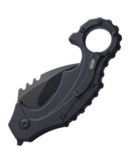 Brous Blades Enforcer Linerlock D2 tool steel blackout finish Karambit blade Black polymer handle Finger ring