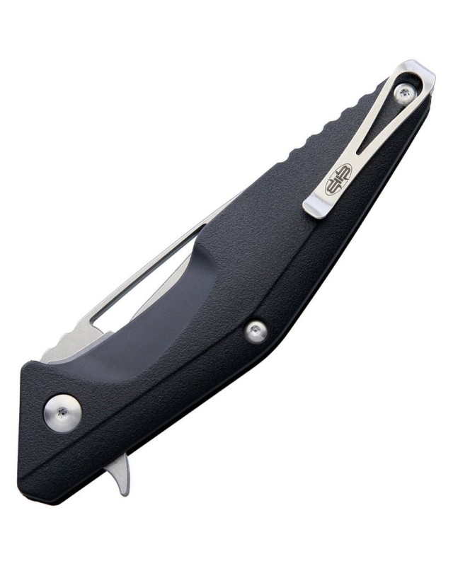 Brous Blades Division Linerlock D2 tool steel Stonewash finish Spear Point blade Black polymer handle Flipper