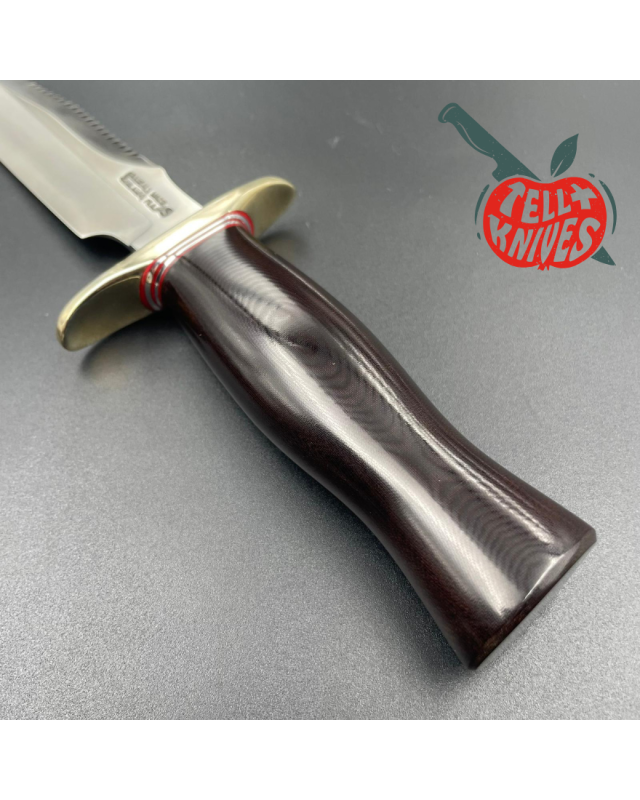 Randall Made Knives Model 1-6 forged stainless steel brown micarta handle sawteeth nickel silver guard brown leather she