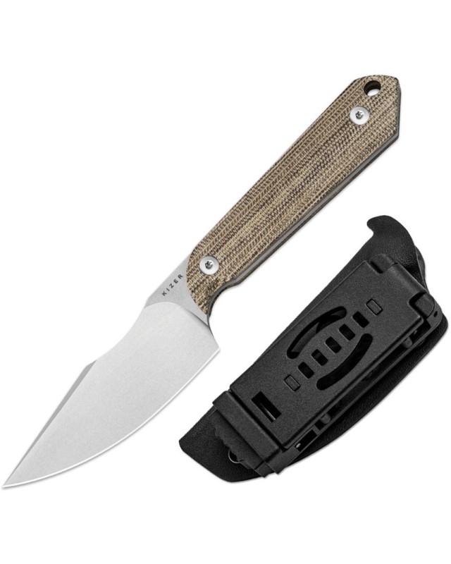 Kizer Cutlery  Harpoon Mini Fixed Blade AEB-L steel full tang stonewash finish natural micarta handle black kydex sheath