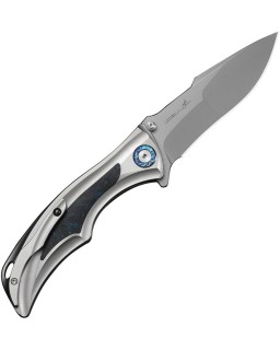 WEKNIFE Tighe Knife Satin Bohler M390 Blade Polished Silver Titanium Integral Handle Blue Carbon Fiber Inlay Button Lock