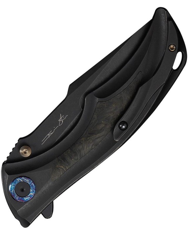 WEKNIFE Tighe Knife Satin Bohler M390 Tanto Blade Polished Black Titanium Integral Handle Yellow Carbon Fiber Inlay Butt