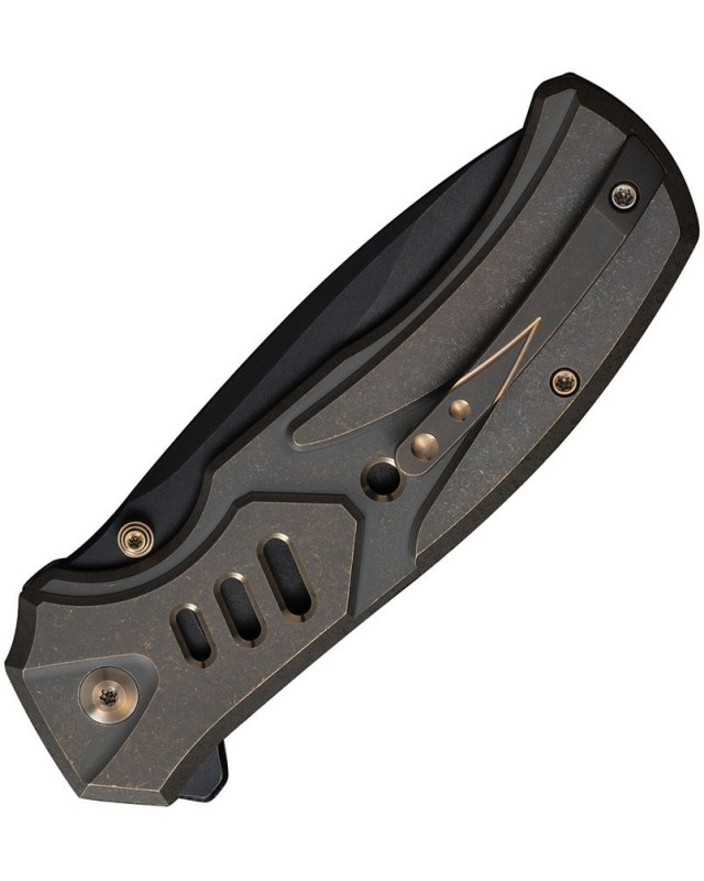 We Knife Co. Zentron Buttonlock M390 Premium Steel blackwash finish Tanto blade bronze Titanium Handle