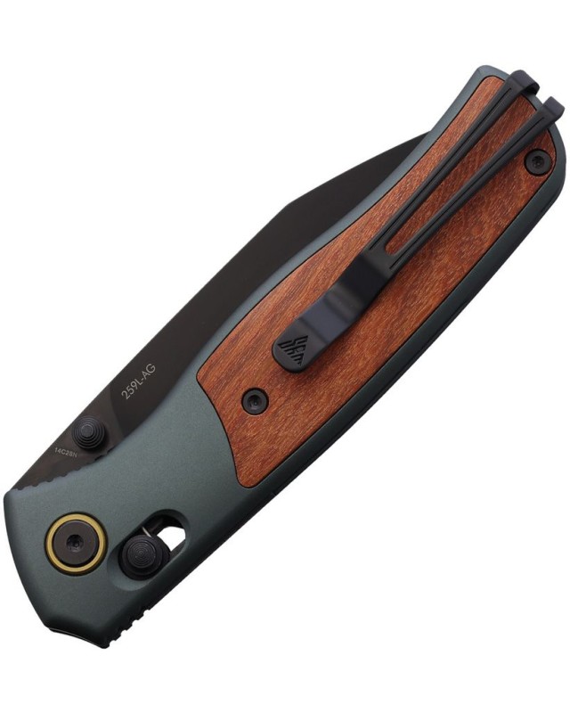 SRM Knives 259L-AG Medal folding knife 14C28N steel wharncliffe blade black finish Green aluminum handle with Rosewood i