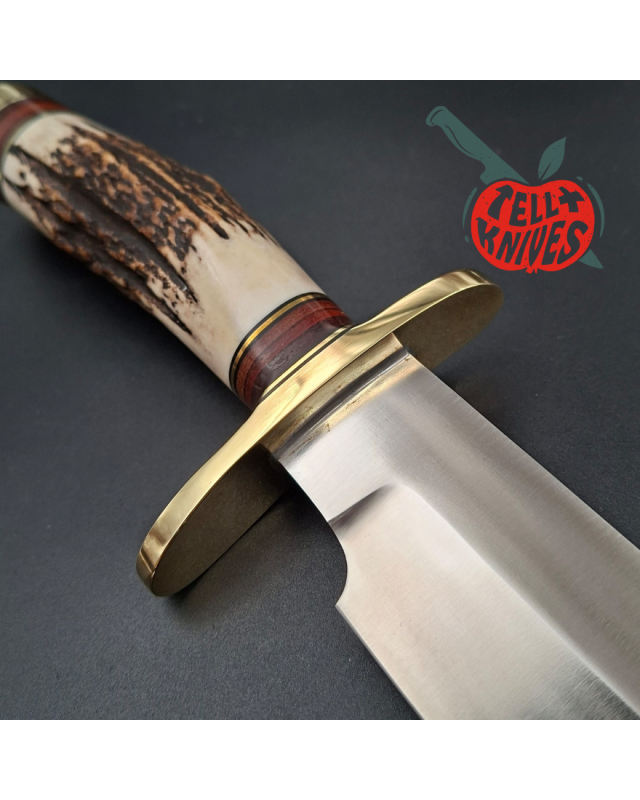 Randall Made Knives Model 12-9 Sportsman forged stainless steel stag and stacked leather handle brass guard and pommel