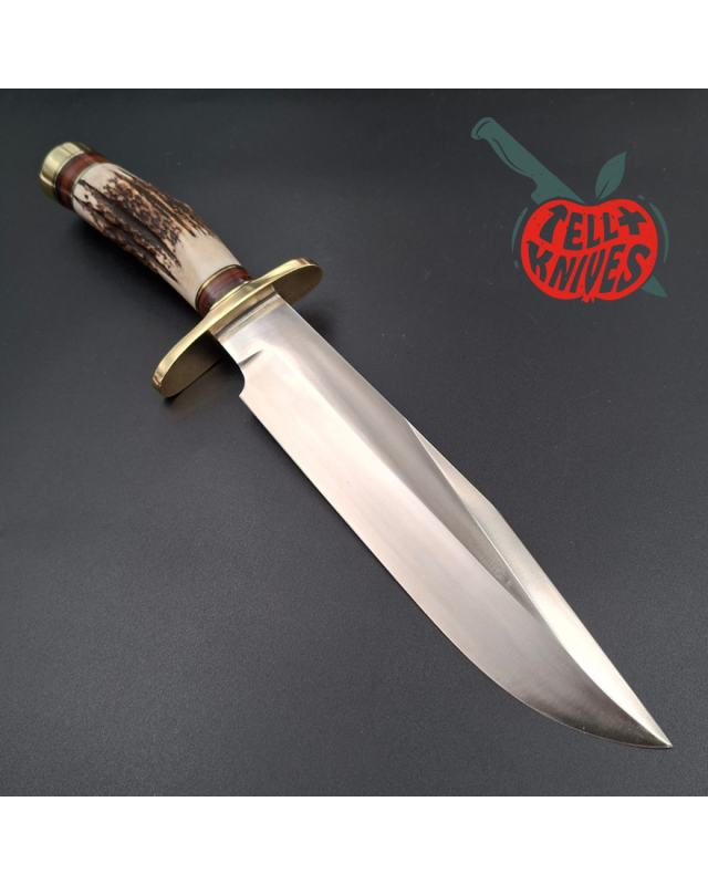 Randall Made Knives Model 12-9 Sportsman forged stainless steel stag and stacked leather handle brass guard and pommel
