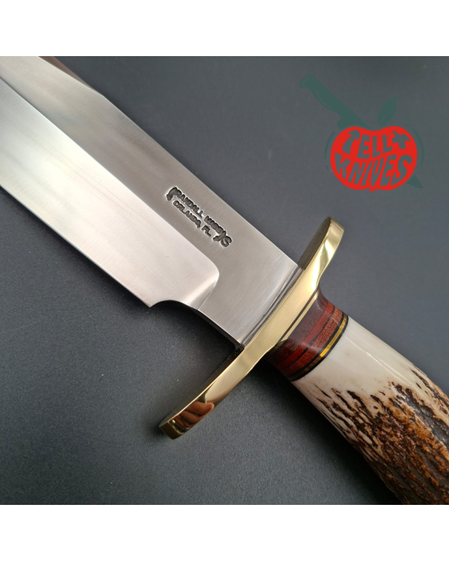 Randall Made Knives Model 12-9 Sportsman forged stainless steel stag and stacked leather handle brass guard and pommel