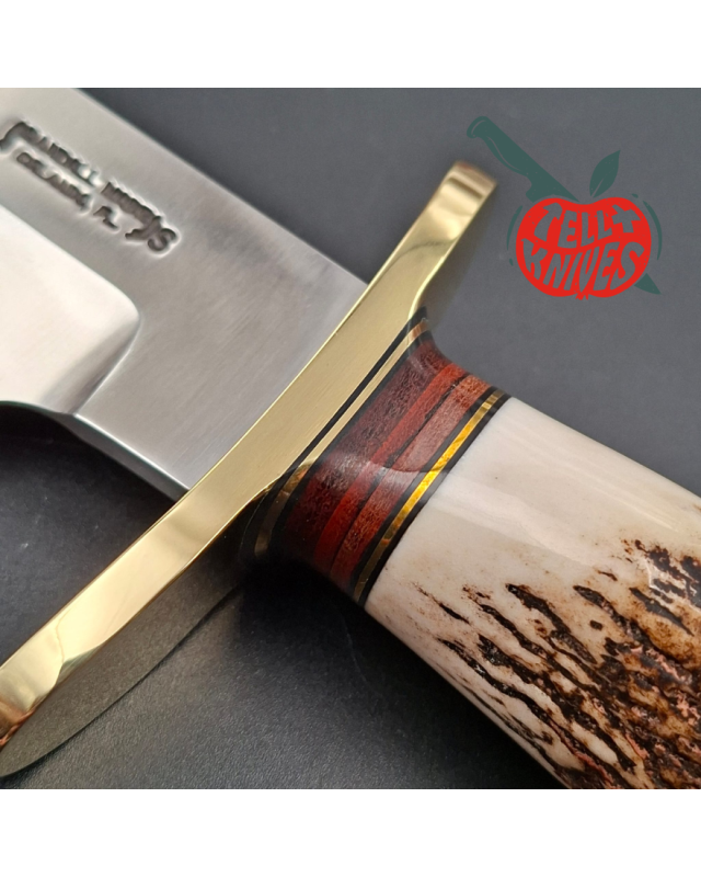 Randall Made Knives Model 12-9 Sportsman forged stainless steel stag and stacked leather handle brass guard and pommel