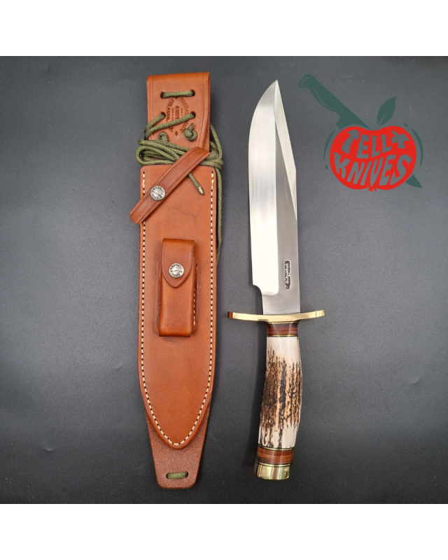 Randall Made Knives Model 12-9 Sportsman forged stainless steel stag and stacked leather handle brass guard and pommel