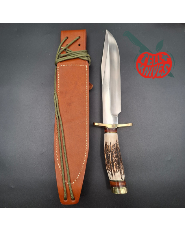 Randall Made Knives Model 12-9 Sportsman forged stainless steel stag and stacked leather handle brass guard and pommel