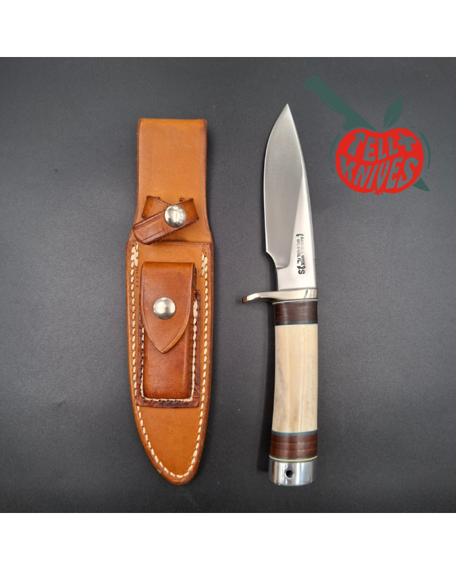 Randall Made Knives 1988-89 Model 25-5 Trapper forged stainless steel blade ground stag and stacked leather handle