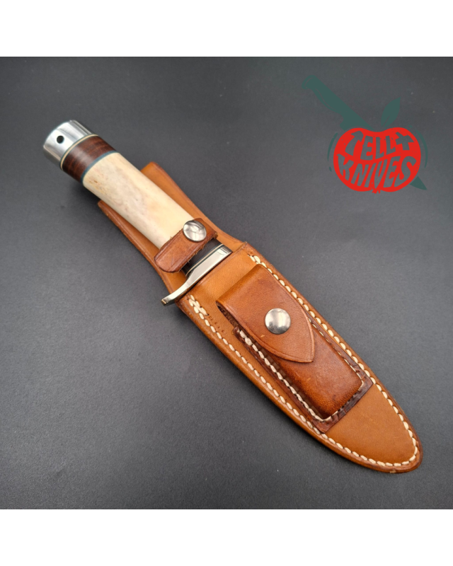 Randall Made Knives 1988-89 Model 25-5 Trapper forged stainless steel blade ground stag and stacked leather handle