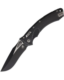 Microtech Amphibian S/E Ram-Lok M390MK steel two-tone finish blade distressed black fluted aluminium handle