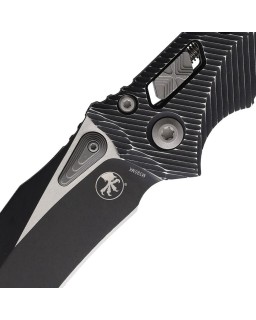 Microtech Amphibian S/E Ram-Lok M390MK steel two-tone finish blade distressed black fluted aluminium handle