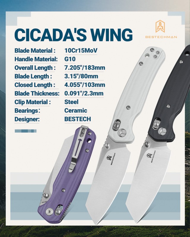 Bestech Cicada's Wing B-Lock Satin 10Cr15CoMoV Steel White G10 Handle