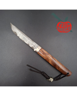 Sergey Shidlovskiy Custom Knives Mini Tanto ELMAX laminate steel Ironwood burl handle brown leather sheath