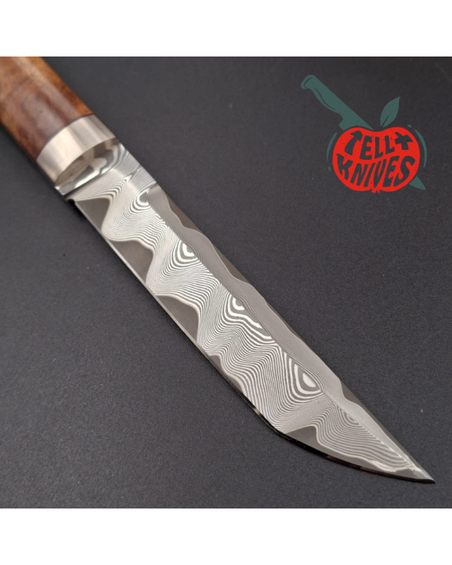 Sergey Shidlovskiy Custom Knives Mini Tanto ELMAX laminate steel Ironwood burl handle brown leather sheath